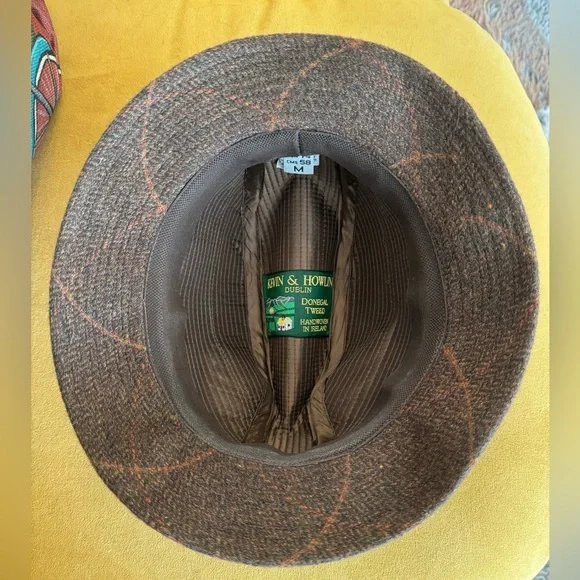 Vintage Irish Brown Tweed Plaid Hat with Feather